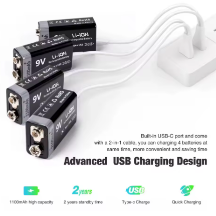 BATERIA 9V RECARGABLE CON CABLE USB TIPO C