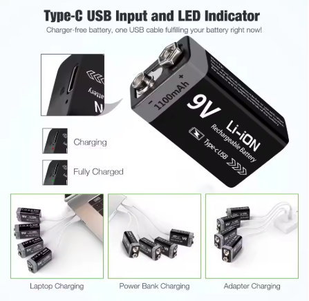 BATERIA 9V RECARGABLE CON CABLE USB TIPO C