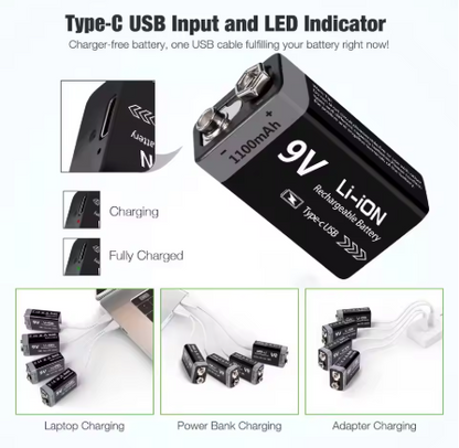 BATERIA 9V RECARGABLE CON CABLE USB TIPO C